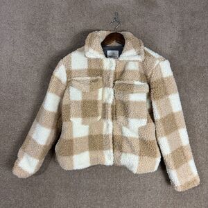 Anthropologie Avec Les Filles Jacket Womens Small Tan/Cream‎ Sherpa Fleece Plaid